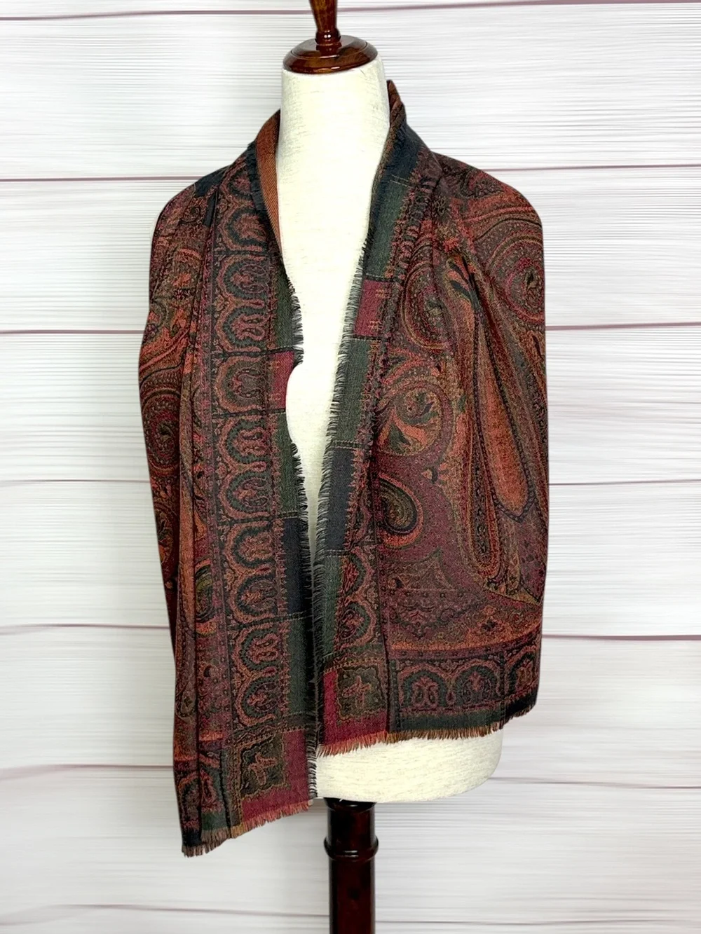 Bohemian Paisley Pashmina Scarf Reversible Earth-tone Brown and Black Wool (?)